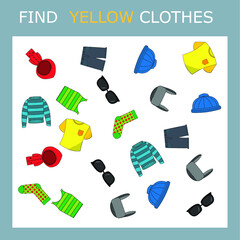 Find the yellow clothes character among others. Looking for green. Logic game for children.
