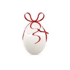 Chicken white egg with crack in 3d vector illustration decorated with red ribbon