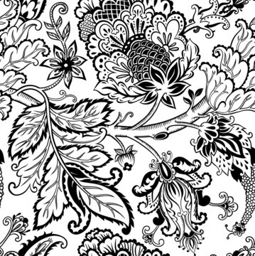 Flowers and blooming, monochrome sketch pattern