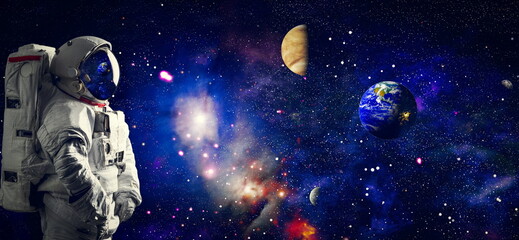 Astronaut in outer space. Galaxy and Nebula space art.  Wallpaper with spaceman. Spacewalk....