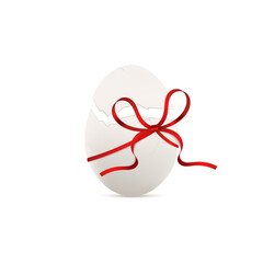 Chicken egg with crack, two halves of broken egg bandaged with red ribbon