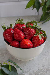 A bowl with ripe strawberries and green leaves in the background and foreground. Close-up.