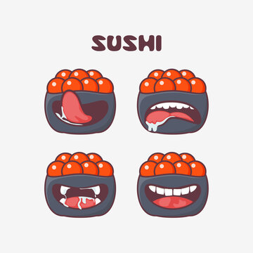 Gunkan sushi salmon eggs cartoon. japanese food vector illustration. with different mouth expressions