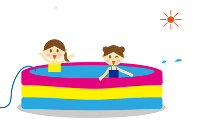 夏の暑い日に自宅の庭で家庭用プールに入って楽しむ二人の子供の女の子2人のイラスト・夏休み・家遊び