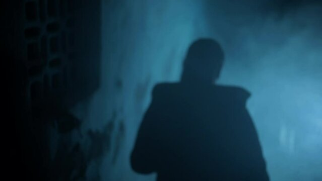 Professional female hitman in a suit with a gun in his hand, walking down the stairs, dramatic lighting and smoke.
