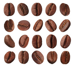 Set with aromatic roasted coffee beans on white background
