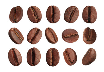 Set with aromatic roasted coffee beans on white background