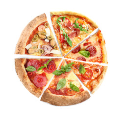 Slices of different tasty pizzas on white background, top view