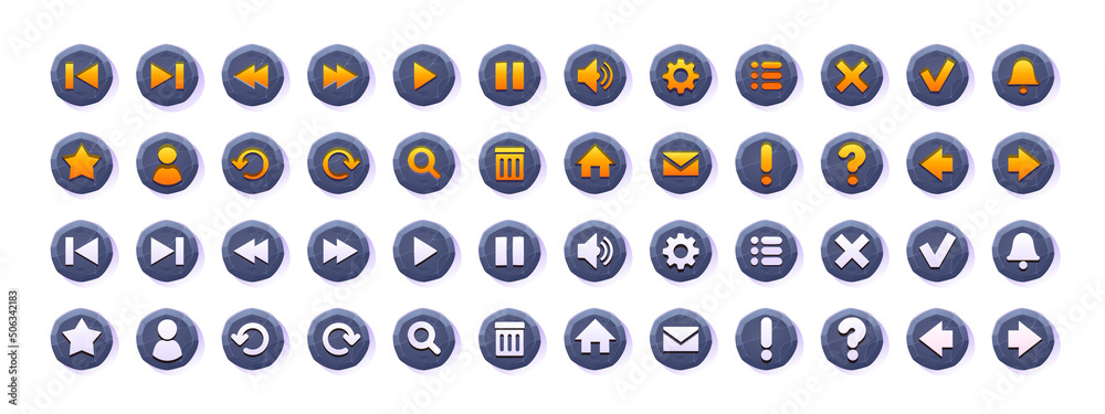 Poster web or game buttons with stone texture and menu icons. vector cartoon set of circle rock buttons wit