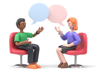 3D illustration of two women meeting and talking with speech bubbles. Happy multicultural female characters sitting in chairs and discussing. Psychologist counseling, group therapy, support session.