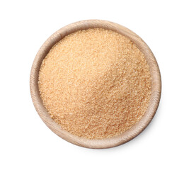 Brown sugar in wooden bowl isolated on white, top view