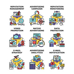 Advertise Campaign Set Icons Vector Illustrations. Reputation Management And Monitoring, E-mail Notification And Strategy, Video Promotion And Data Protection Of Advertising Campaign Illustrations