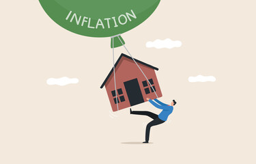 Rising house prices, real estate inflation. The house floats in the sky with an inflation balloon. And men try to prevent or curb. - obrazy, fototapety, plakaty