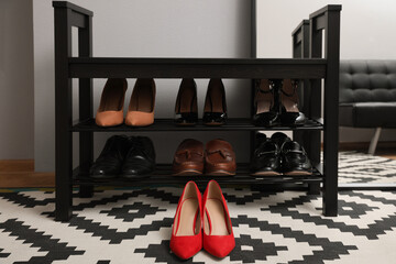 Stylish red female shoes near shelving unit in hall