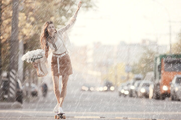 summer rain romance girl happiness / weather rain, summer mood, happy cheerful woman model - obrazy, fototapety, plakaty
