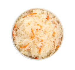 Bowl of tasty sauerkraut with carrot on white background, top view