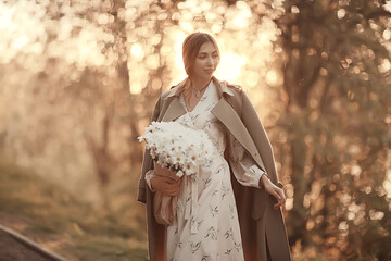golden autumn girl portrait / happy free young girl in autumn landscape, indian summer view