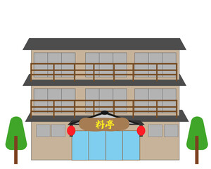 政治家御用達の高級料亭の建物のイラスト・提灯・木