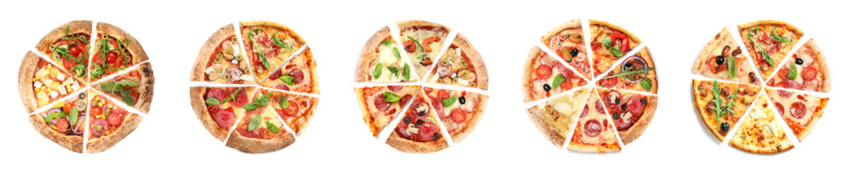 Set with slices of different tasty pizzas on white background, top view. Banner design