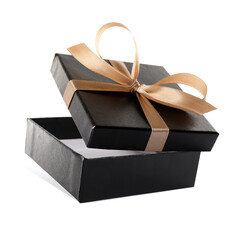 Beautiful black gift box with golden bow on white background