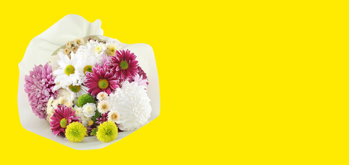 Bouquet with beautiful chrysanthemum flowers on yellow background, space for text. Banner design