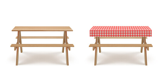 Wooden picnic table with long benches and red white checkered tablecloth 3d realistic vector. Camping, garden or park wood furniture for barbecue with seat and textile cover, isolated on background, - obrazy, fototapety, plakaty