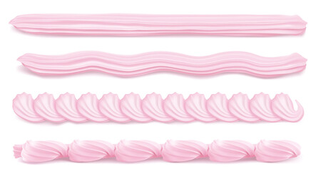 Whipped cream pink border 3d realistic vector. Whip swirl, strawberry taste milk wavy foam for cake edge, sweet creamy twirl for pastry decoration isolated illustrations