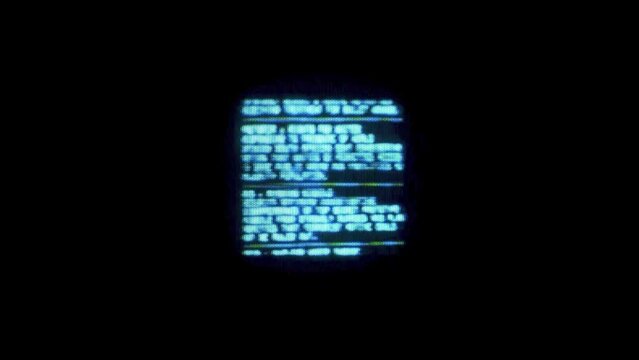 Hacking a vintage old vintage TV or computer monitor screen 80s 90s style. Glitches on screen monitor. Abstract source code data flow. Purple and blue text. screen noise. VHS style. Old kinescope
