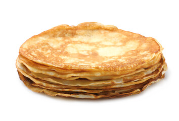Stack of delicious crepes on white background