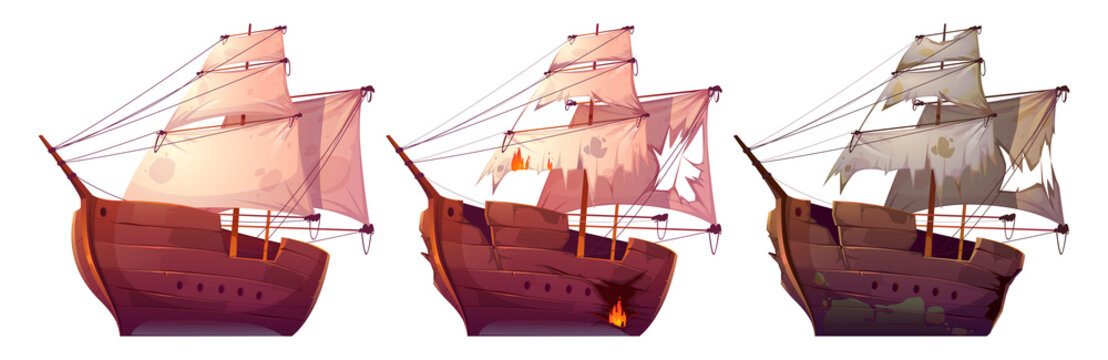 Wooden ships, isolated wood boats with white sails. Old and new battleships, barges after shipwreck and sea battle with ragged sails and broken planks on white background, Cartoon vector illustration