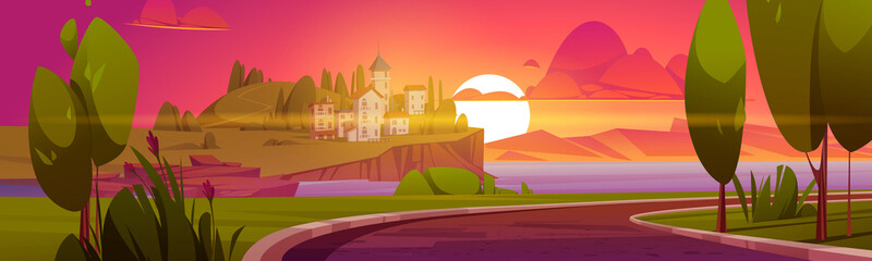 Summer landscape with sea, mediterranean city on hill, mountains and sun on horizon at sunset. Vector cartoon illustration of town buildings on lake coast at evening