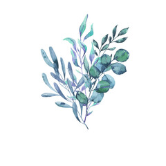 Decorative blue leaves and branches bouquet. Hand drawn watercolor illustration.