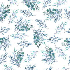 Seamless pattern with blue bouquets and branches. Hand drawn watercolor illustration. - 506345777