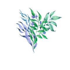 Decorative bouquet with violet berry branches, green and blue leaves. Hand drawn watercolor illustration.