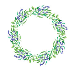 Decorative round frame with green leaves and violet berries. Hand drawn watercolor illustration. - 506345781