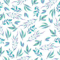 Seamless pattern with cute decorative blue leaves. Hand drawn watercolor illustration. - 506345783