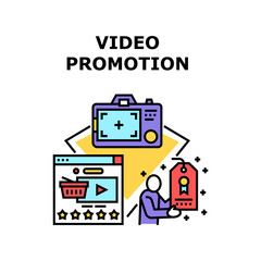 Video Promotion Vector Icon Concept. Video Promotion Of Sales And Discount, Special Offer, New Product And Service. Media Commercial Promo And Advertisement Online Color Illustration