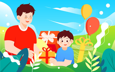 Obraz na płótnie Canvas Father's day child giving dad gifts, parent-child interaction, vector illustration