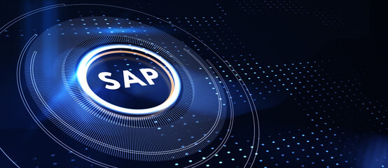 Business process automation software. SAP 3d illustration. Business, technology, internet and networking concept.