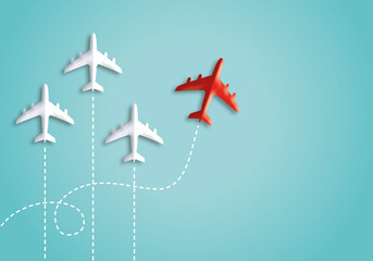 Red airplane changing direction from white on pastel blue background. New ideas. Different business concepts. Leadership or ambition. copy space for text. illustrations of 3d paper cut design style.