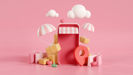 Shopping online and delivery parcel to GPS locate. 3D rendering