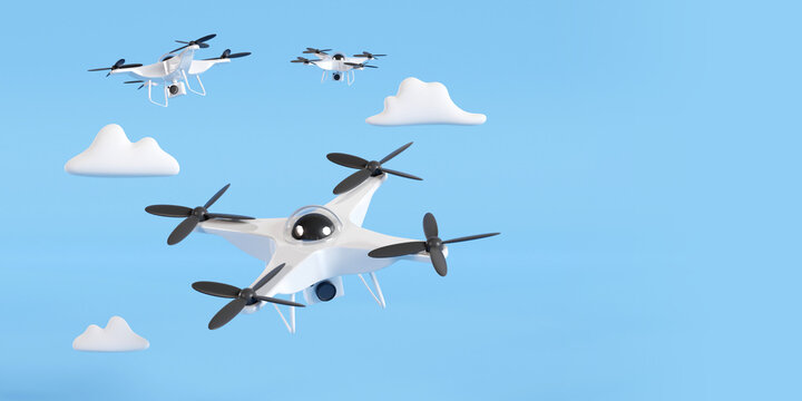 Drone flying on a blue sky and clouds. 3D rendering