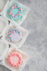 Bento cake. Different small cake in lunchbox. Asian food trend. Cute gift for any holiday.