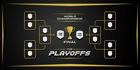 black and gold elegant sport game tournament championship contest stage layout, double elimination bracket board chart vector with champion trophy prize icon illustration background  © Ramosh Artworks