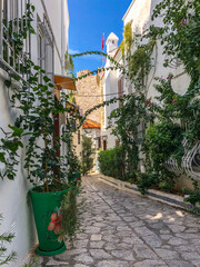 Narrow street in old town of Marmaris, Turkey . Beautiful scenic old ancient white houses with flowers. Popular tourist vacation destination