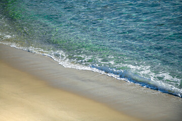 Panorama of tropical ocean water, sea waves. Calm water, ocean background. Panoramic sea landscape.