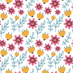 Obraz premium Children colorful minimalist flowers pattern. Nature plant background hand drawn doodle naive vector art. Cute digital paper fabric textile wallpaper 
