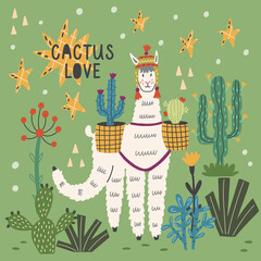 Fluffy llama in nature among cacti. Alpaca animal nature print hand drawn doodle naive design vector art illustration. Cactus love
