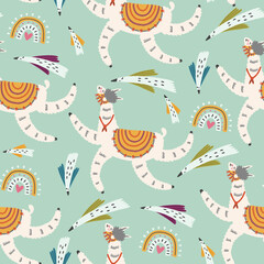 Flying llama among the clouds birds pattern. Alpaca character animal background hand drawn doodle naive vector art. Cute digital paper fabric textile wallpaper 