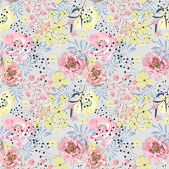 Seamless floral retro pattern. Pink, yellow flowers on a light gray background.